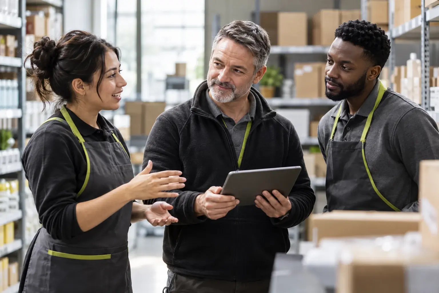 An illustrative frontline team reviewing work together with a supervisor