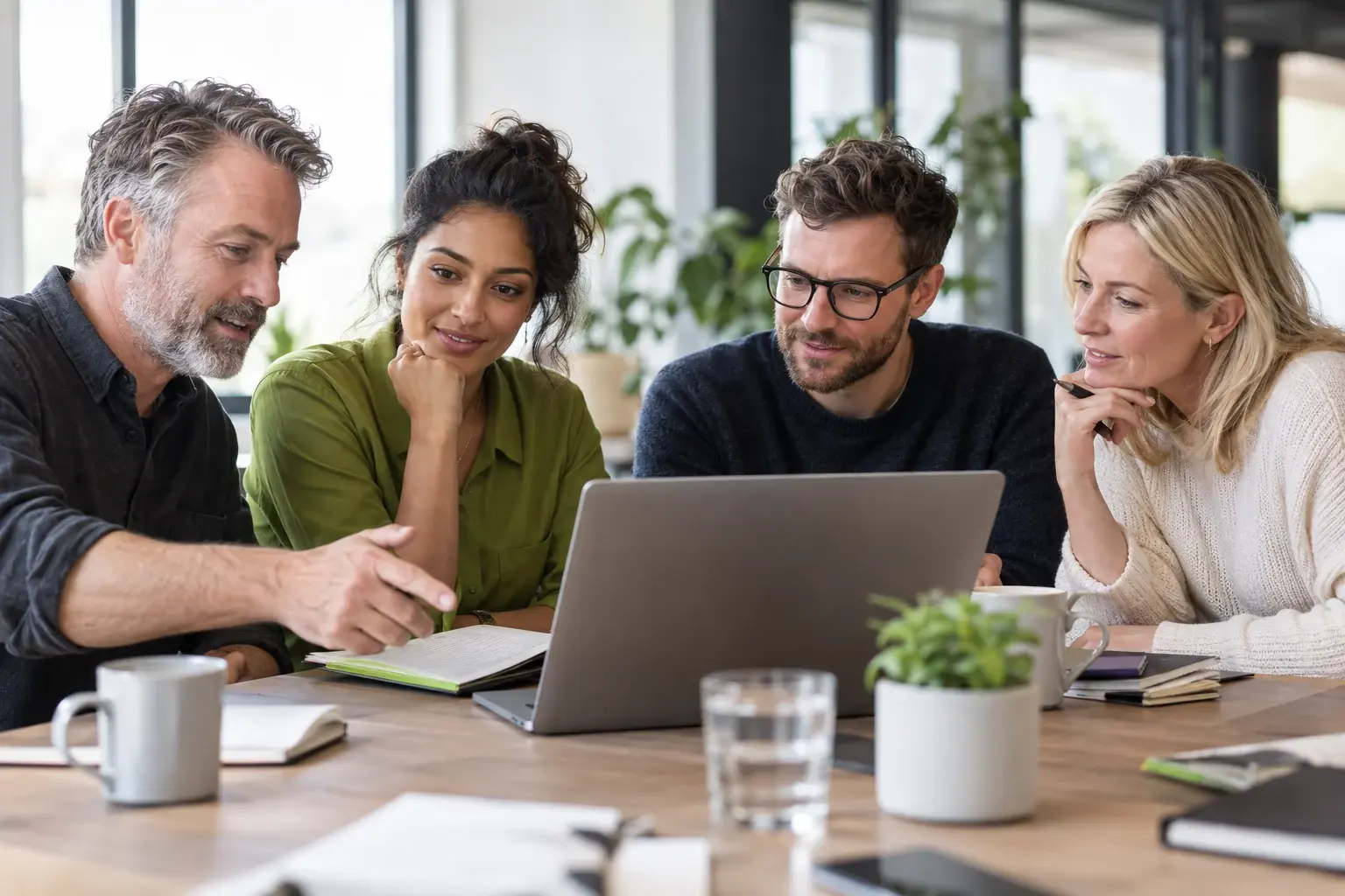 An illustrative workplace team discussing an implementation around a laptop
