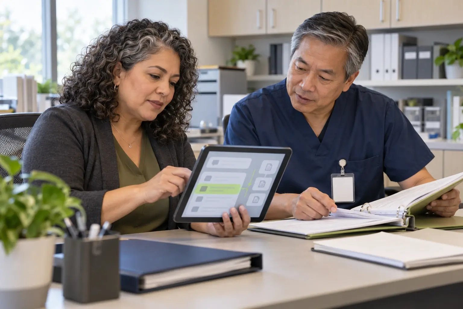 Illustrative healthcare administrator accessing contextual staff information on a tablet while a nurse supervisor checks the source.