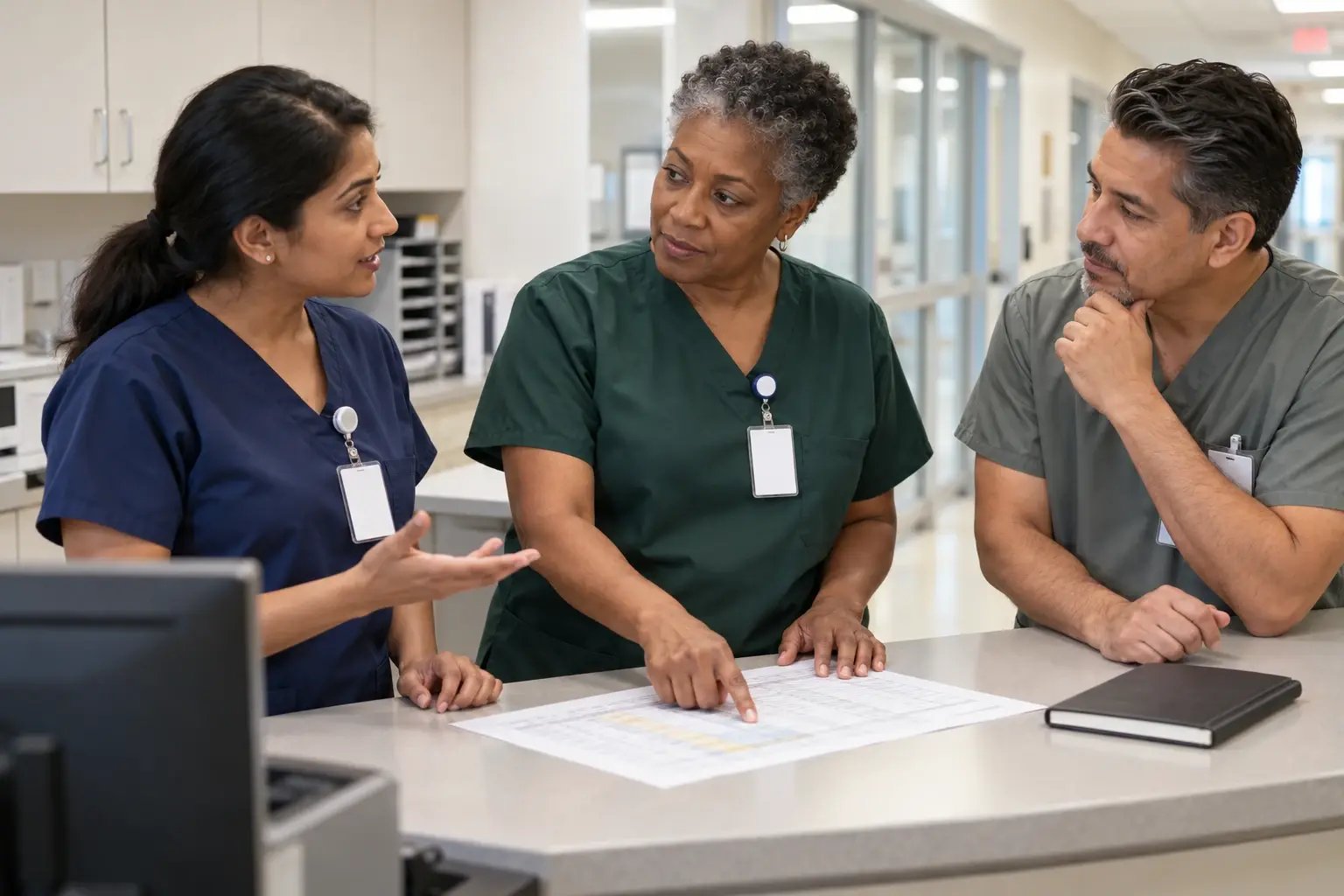 Illustrative nurse manager and hospital staff reviewing shift coverage at a staff-only coordination counter.