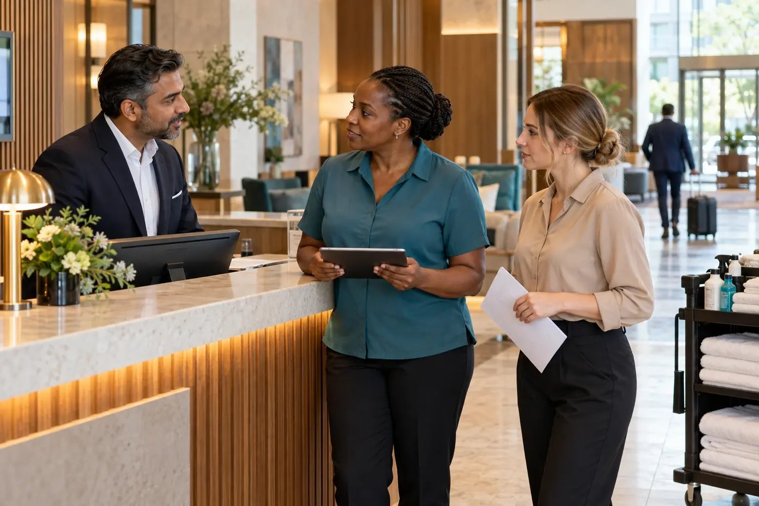 Hotel front-desk and housekeeping colleagues coordinating service for guests.