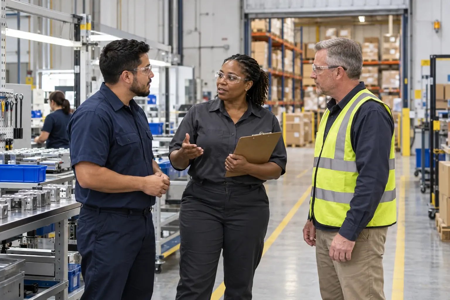 Plant and warehouse colleagues reviewing the work for the next shift.