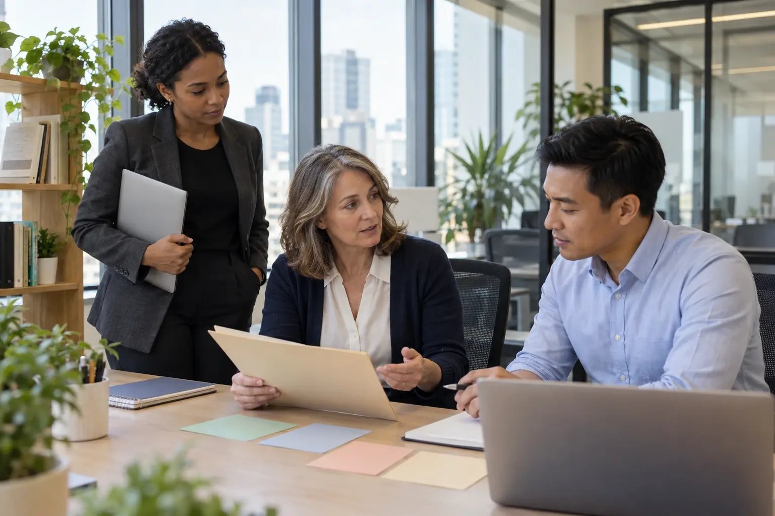 Professional-services colleagues discussing an employee workflow at their desks.