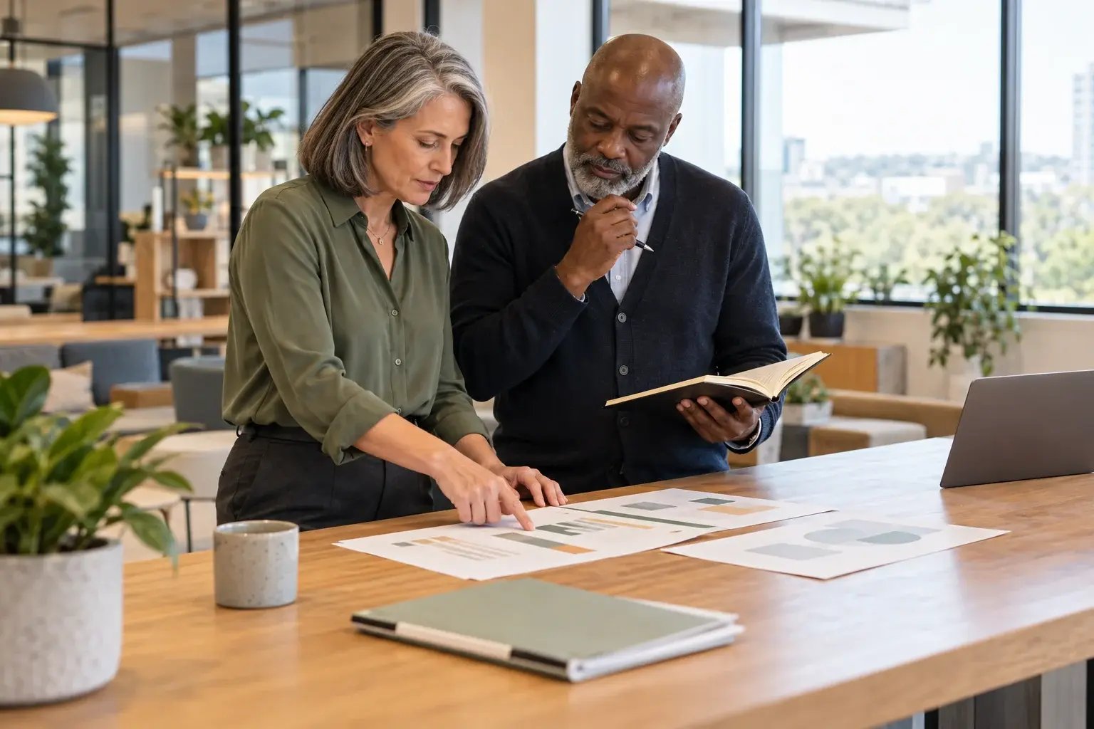 Illustrative operations colleagues reviewing business analysis and context before a decision