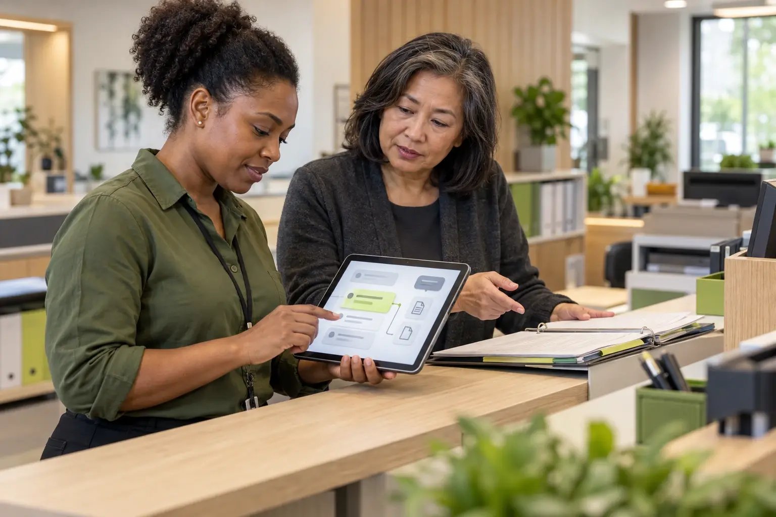 Illustrative employee using contextual AI assistance on a tablet while a supervisor checks source information