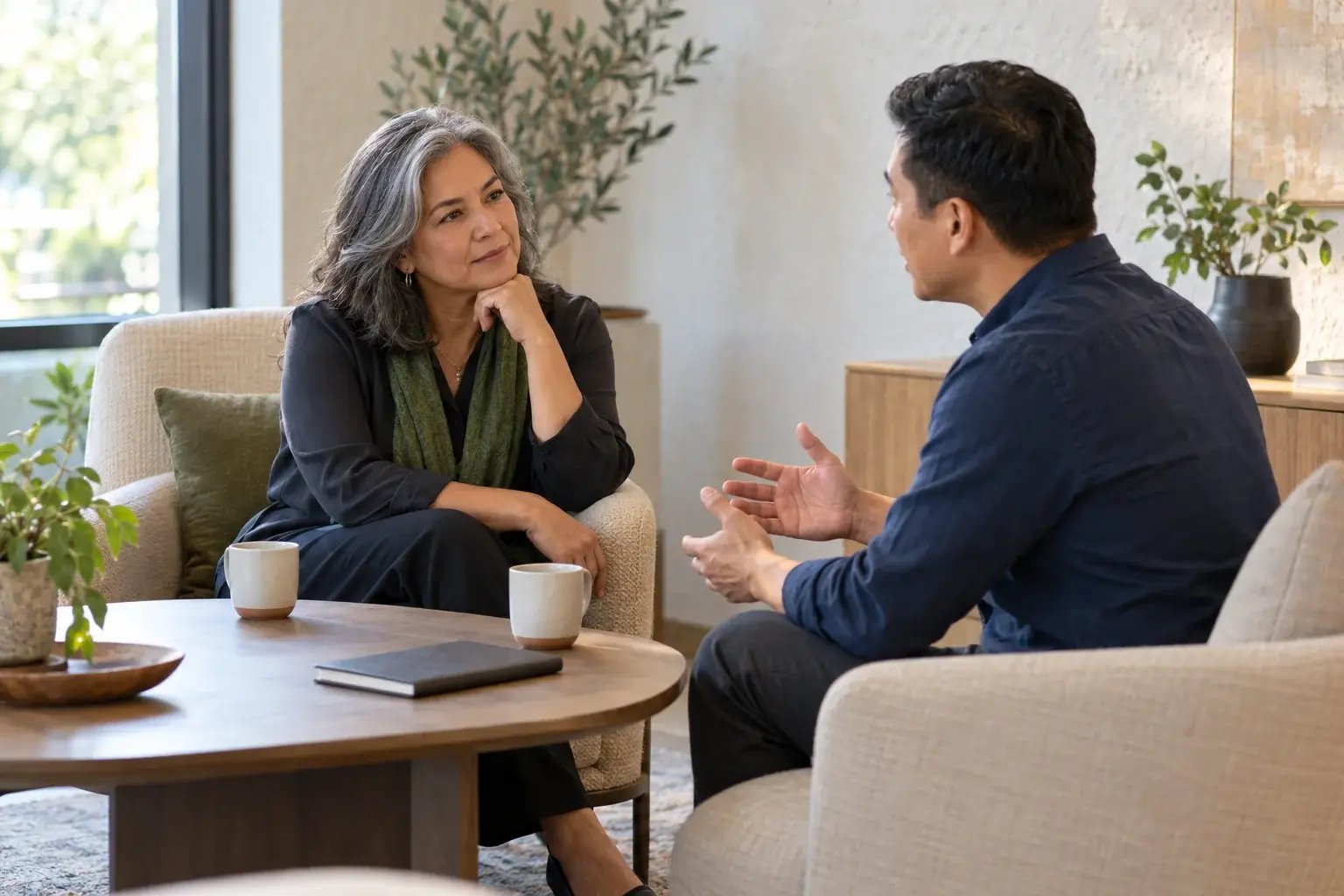 Illustrative first conversation with an experienced consultant listening to a prospective client