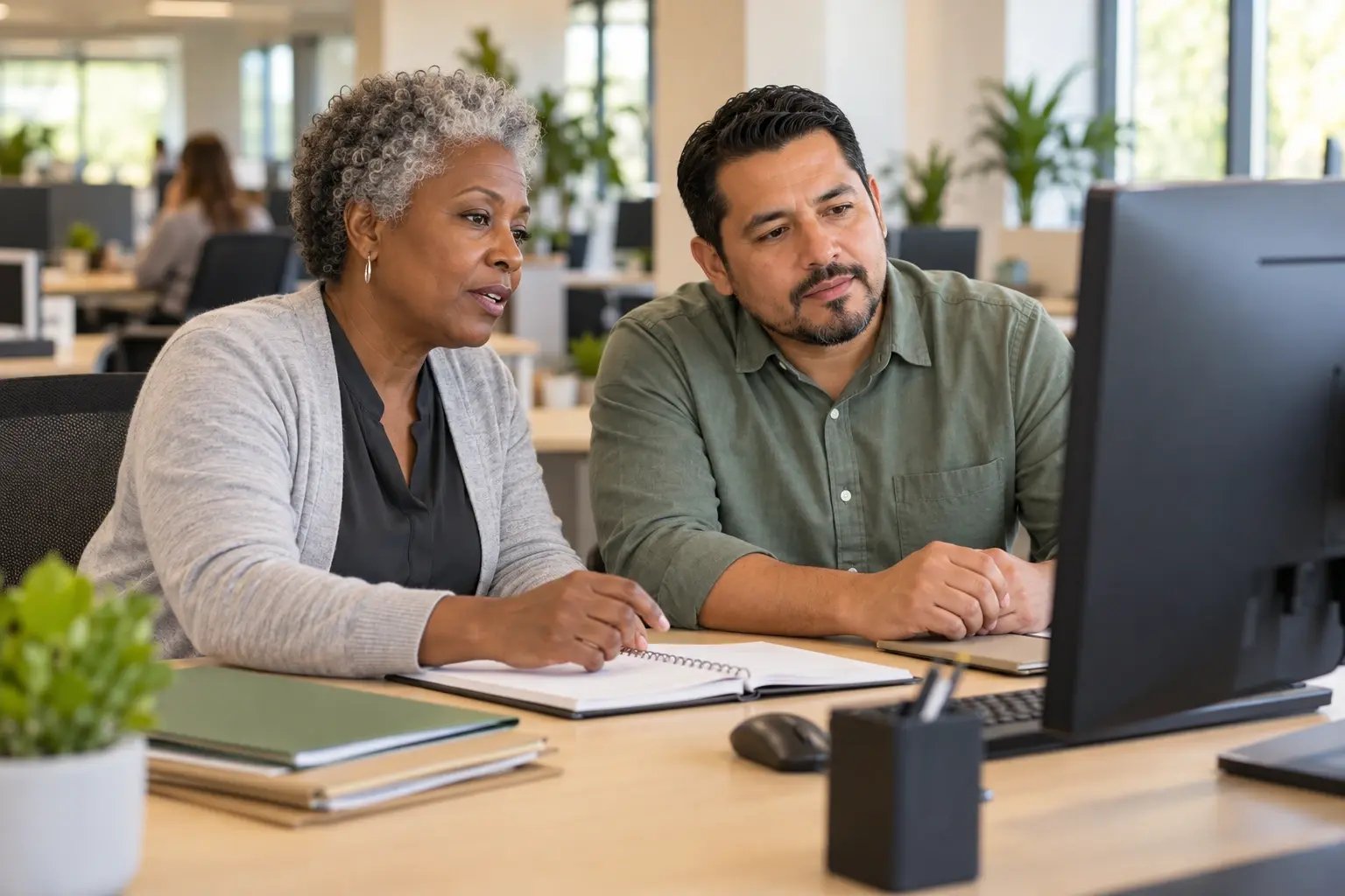 Illustrative application administrator and HR and operations lead reviewing workforce and HR application work.