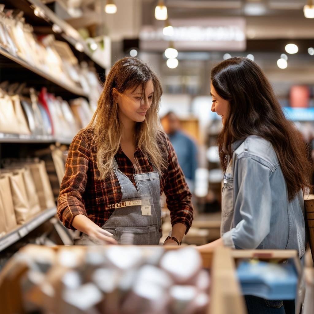 retail store with worker helping customer